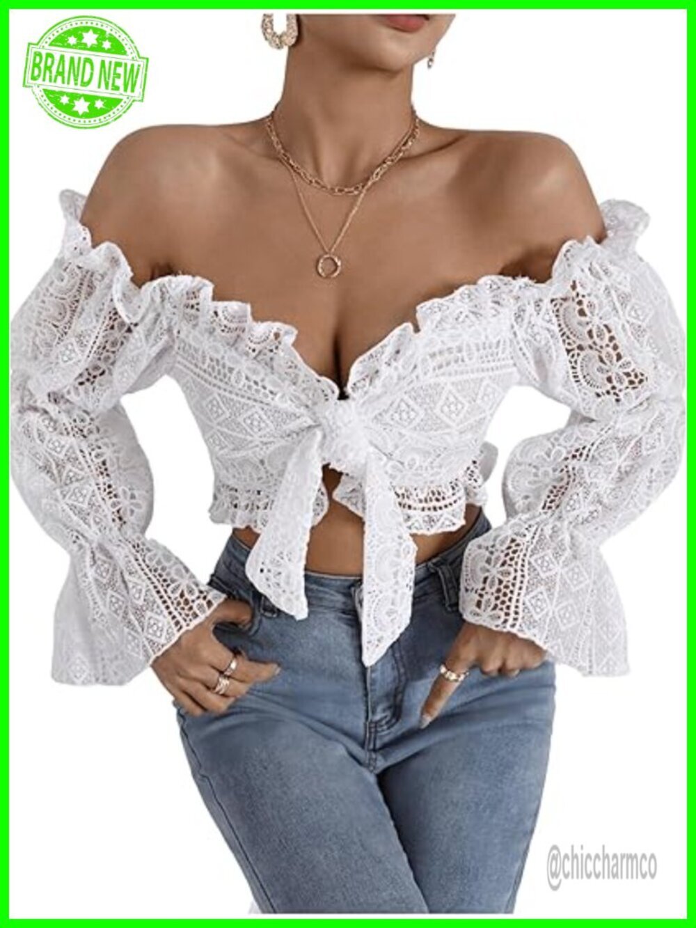 Deep V Neck Ruffle Bell Sleeve Tie Front Lace Crop Top